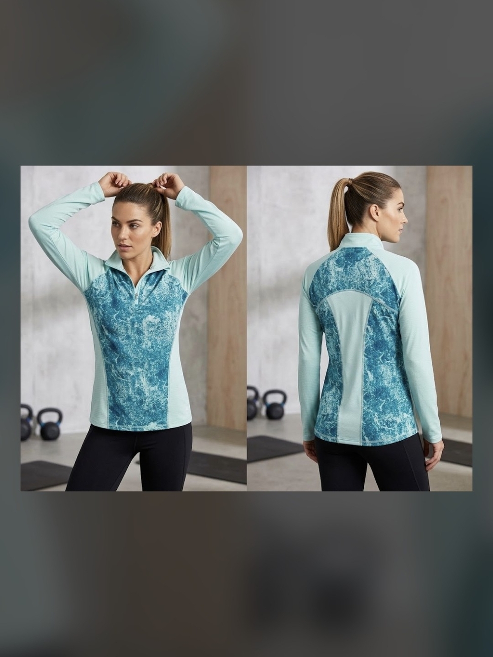 Champion Aqua Blue Abstract Print Quarter-Zip Active Pullover Top Size Large